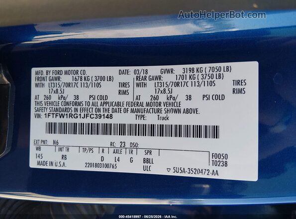 1FTFW1RG1JFC39148 2018 FORD F150 Blue Widok komory silnika