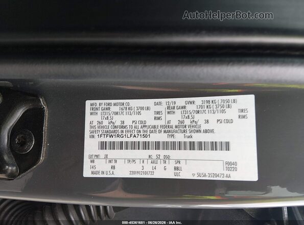 1FTFW1RG1LFA71501 2020 FORD F150 Gray Շարժիչի բաժամունքի տեսք