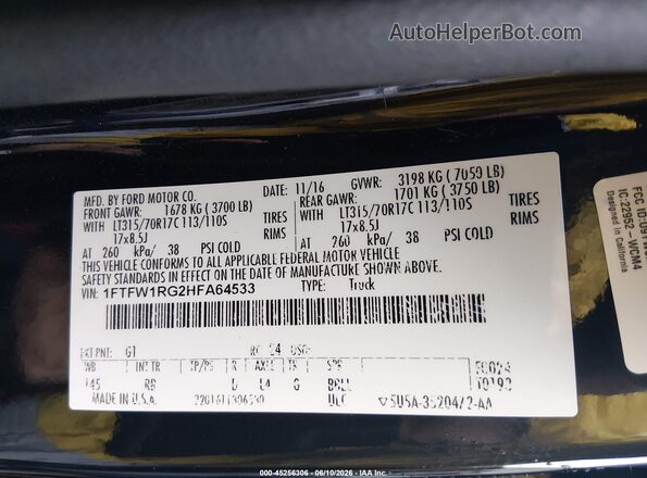 1FTFW1RG2HFA64533 2017 FORD F150 Black Vista del compartimento del motor