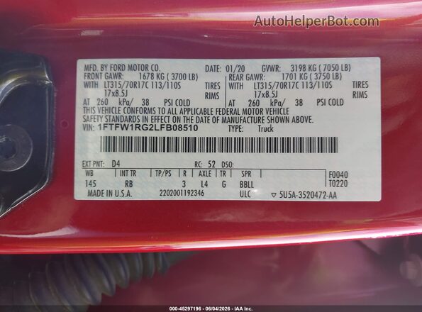 1FTFW1RG2LFB08510 2020 FORD F150 Red Engine compartment view