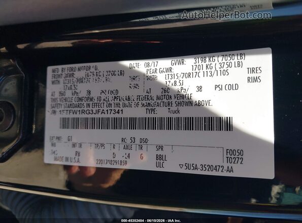 1FTFW1RG3JFA17341 2018 FORD F150 Черный Вид подкапотного пространства