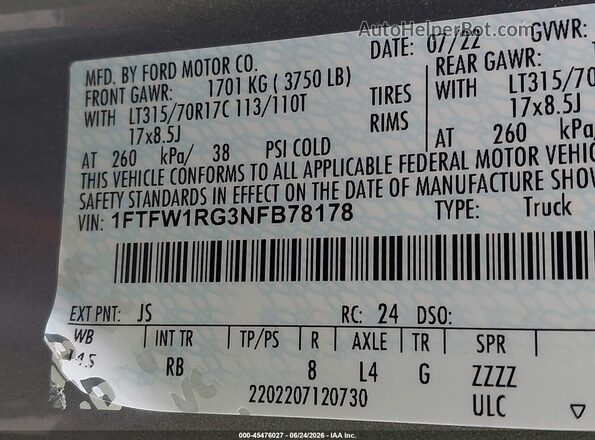 1FTFW1RG3NFB78178 2022 FORD F150 Silver Widok komory silnika