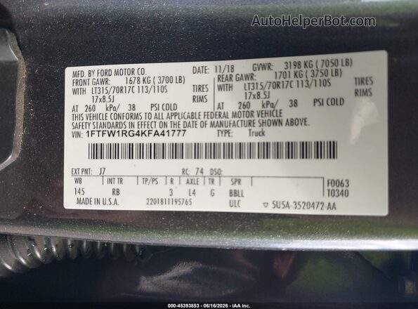 1FTFW1RG4KFA41777 2019 FORD F150 Серый Вид подкапотного пространства