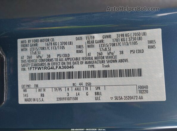 1FTFW1RG4LFA36046 2020 FORD F150 Blue Engine compartment view