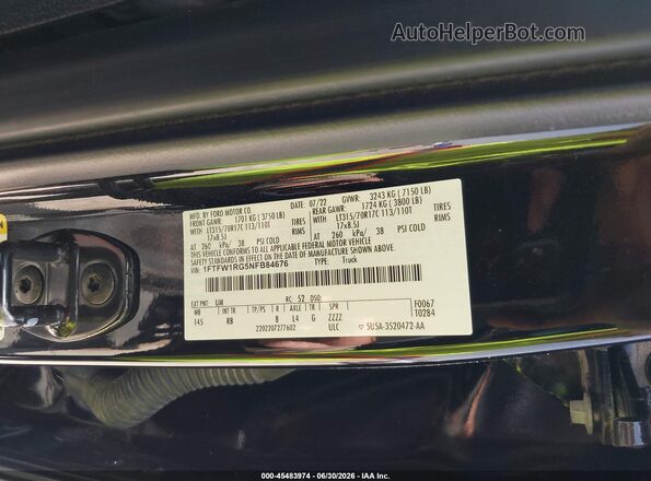 1FTFW1RG5NFB84676 2022 FORD F150 Black ძრავის განყოფილების ხედი