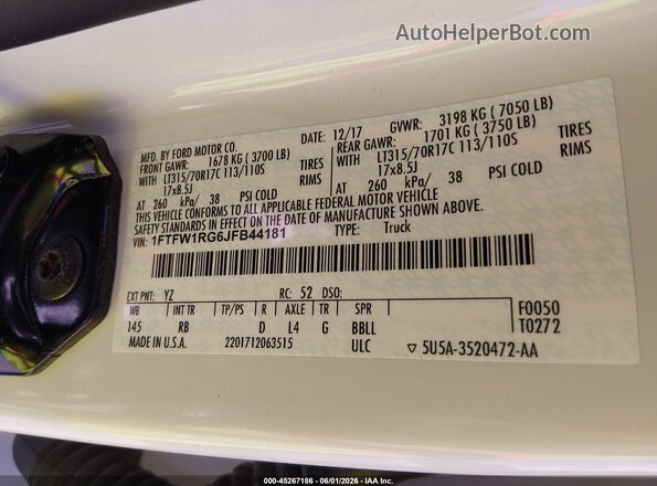 1FTFW1RG6JFB44181 2018 FORD F150 Белый Вид подкапотного пространства