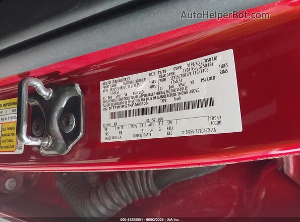 1FTFW1RG7KFA60808 2019 FORD F150 Red VIN კოდის სტიკერის ხედი