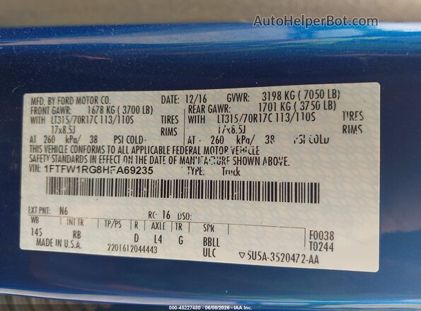 1FTFW1RG8HFA69235 2017 FORD F150 Blue 