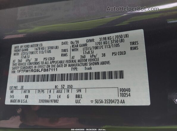 1FTFW1RG9LFB87111 2020 FORD F150 Gray Engine compartment view