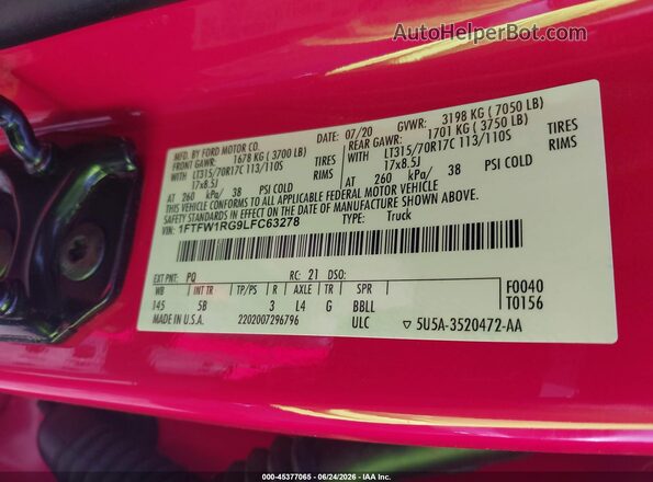 1FTFW1RG9LFC63278 2020 FORD F150 Red Engine compartment view