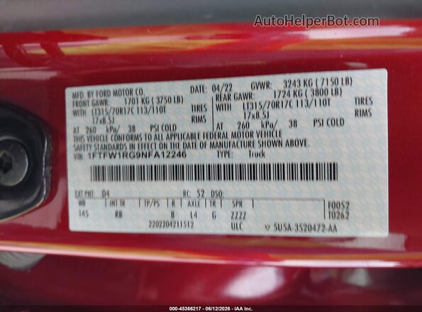 1FTFW1RG9NFA12246 2022 FORD F150 Burgundy Вид підкапотного простору