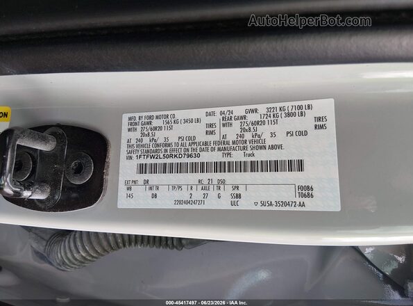 1FTFW2L50RKD79630 2024 FORD F150 White Widok komory silnika