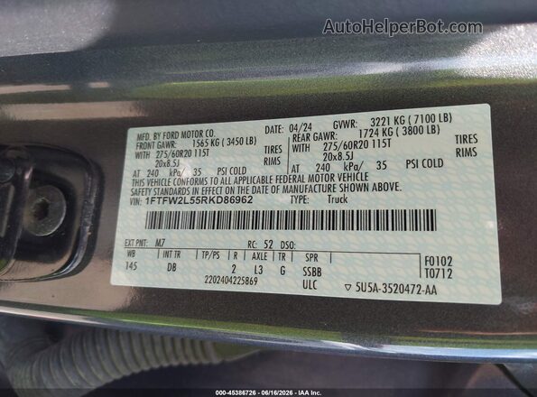 1FTFW2L55RKD86962 2024 FORD F150 Gray Շարժիչի բաժամունքի տեսք
