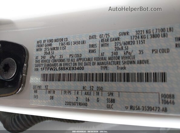 1FTFW2L58SKE93400 2025 FORD F150 White Vista del compartimento del motor