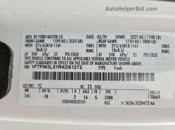 1FTFW3L51RKD61272 2024 FORD F150 White Вид наклейки з VIN-кодом