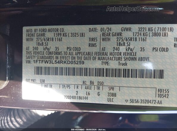 1FTFW3L54RKD05259 2024 FORD F150 Black Vista del compartimento del motor