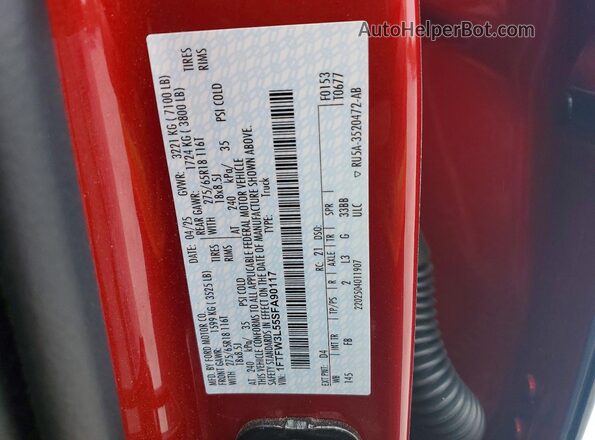 1FTFW3L55SFA90117 2025 FORD F150 Красный Вид наклейки с VIN-кодом
