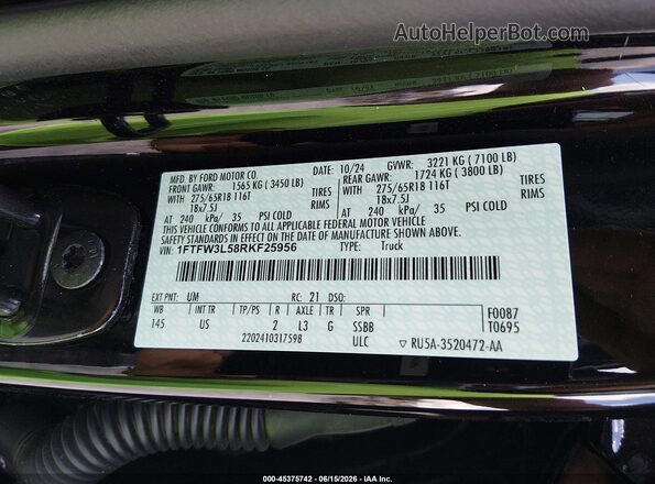 1FTFW3L58RKF25956 2024 FORD F150 Black Շարժիչի բաժամունքի տեսք