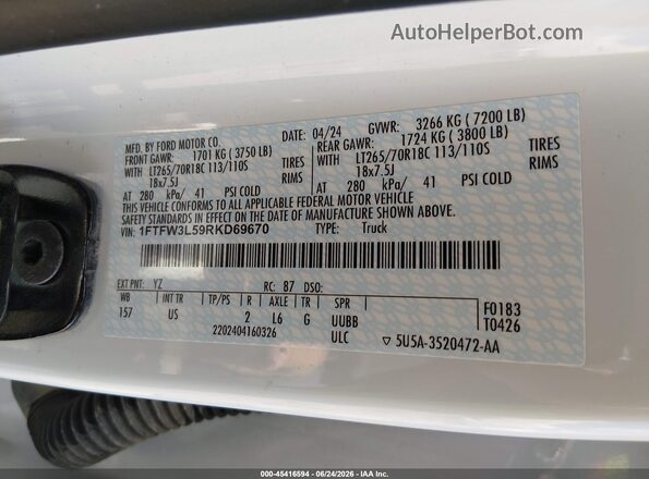 1FTFW3L59RKD69670 2024 FORD F150 White Вид підкапотного простору