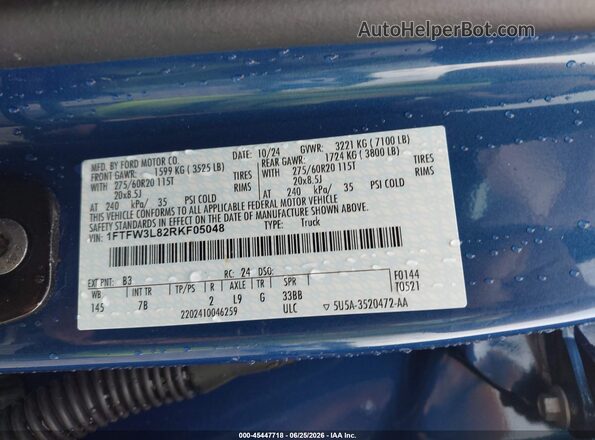 1FTFW3L82RKF05048 2024 FORD F150 Blue Vista del compartimento del motor