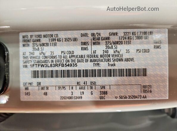1FTFW3L83RFB54935 2024 FORD F150 Gray Widok naklejki z numerem VIN