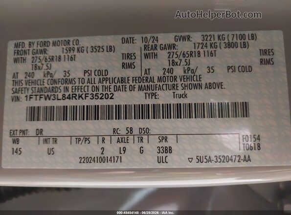 1FTFW3L84RKF35202 2024 FORD F150 Gray Vista del compartimento del motor