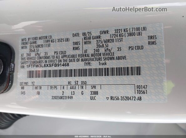 1FTFW3L8XSFB91468 2025 FORD F150 White Vista del compartimento del motor