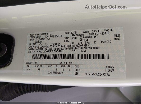 1FTFW3LD0RFA09686 2024 FORD F150 White Engine compartment view