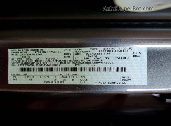 1FTFW3LD0SFA09967 2025 FORD F150 Gray Engine compartment view