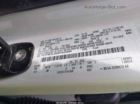 1FTFW3LD0SFA25909 2025 FORD F150 White 