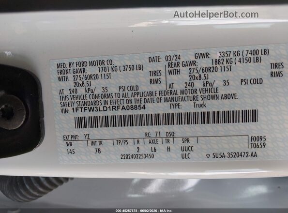 1FTFW3LD1RFA08854 2024 FORD F150 White Շարժիչի բաժամունքի տեսք