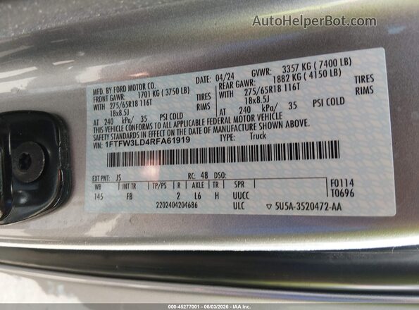 1FTFW3LD4RFA61919 2024 FORD F150 Silver Вид підкапотного простору