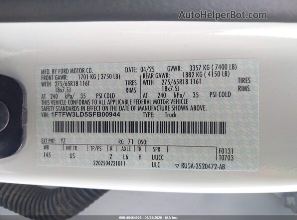 1FTFW3LD5SFB00944 2025 FORD F150 Белый Вид подкапотного пространства