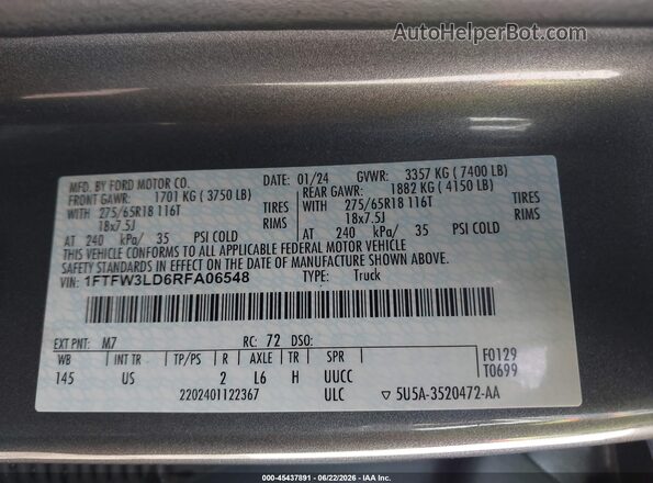 1FTFW3LD6RFA06548 2024 FORD F150 Gray Շարժիչի բաժամունքի տեսք