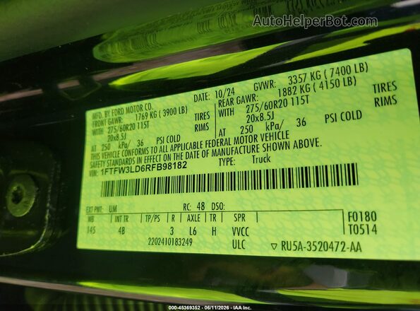 1FTFW3LD6RFB98182 2024 FORD F150 Black Շարժիչի բաժամունքի տեսք