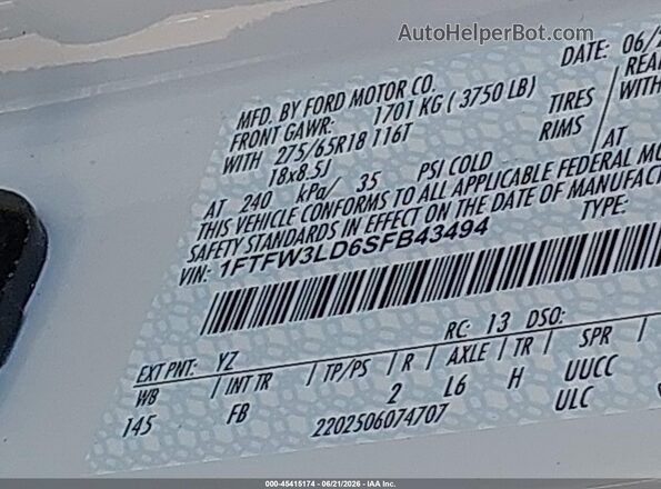 1FTFW3LD6SFB43494 2025 FORD F150 White Widok komory silnika