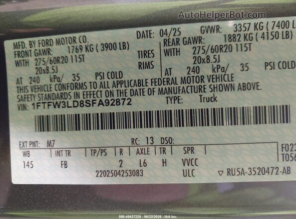 1FTFW3LD8SFA92872 2025 FORD F150 Серый Вид подкапотного пространства