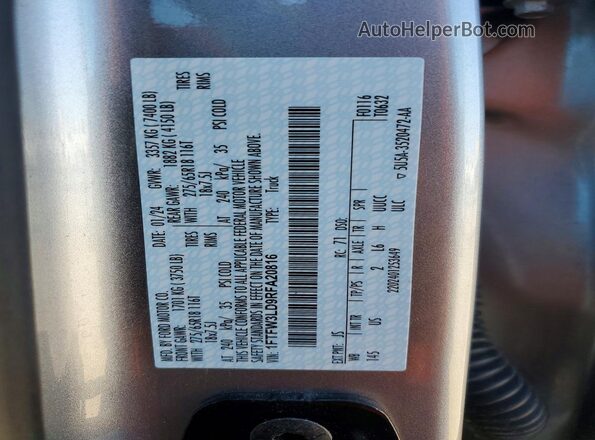 1FTFW3LD9RFA20816 2024 FORD F150 Silver Vista de la etiqueta del VIN