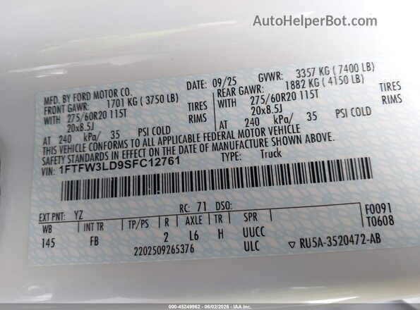 1FTFW3LD9SFC12761 2025 FORD F150 White 