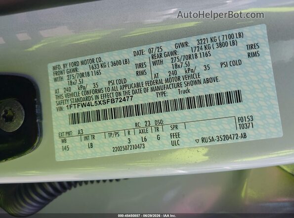 1FTFW4L5XSFB72477 2025 FORD F150 Gray Widok komory silnika