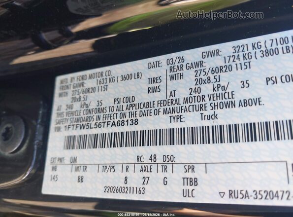 1FTFW5L56TFA68138 2026 FORD F150 Black Widok komory silnika