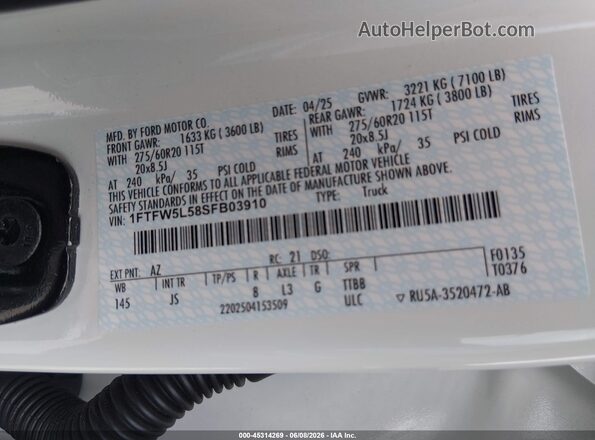 1FTFW5L58SFB03910 2025 FORD F150 White ძრავის განყოფილების ხედი