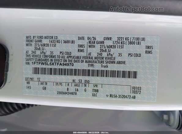 1FTFW5L5XTFA94970 2026 FORD F150 Белый Вид подкапотного пространства