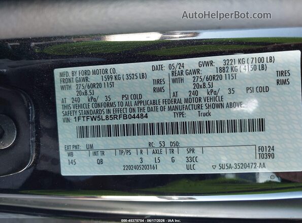 1FTFW5L85RFB04484 2024 FORD F150 Black ძრავის განყოფილების ხედი