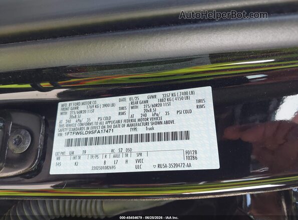 1FTFW6LD9SFA17471 2025 FORD F150 Black Շարժիչի բաժամունքի տեսք