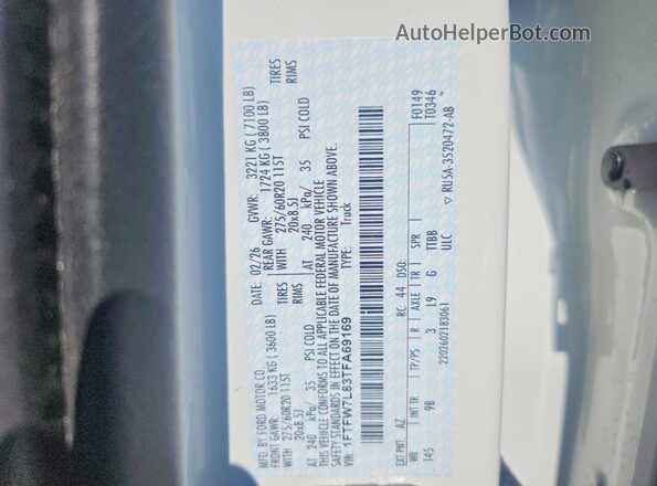 1FTFW7L83TFA69169 2026 FORD F150 White Вид наклейки з VIN-кодом