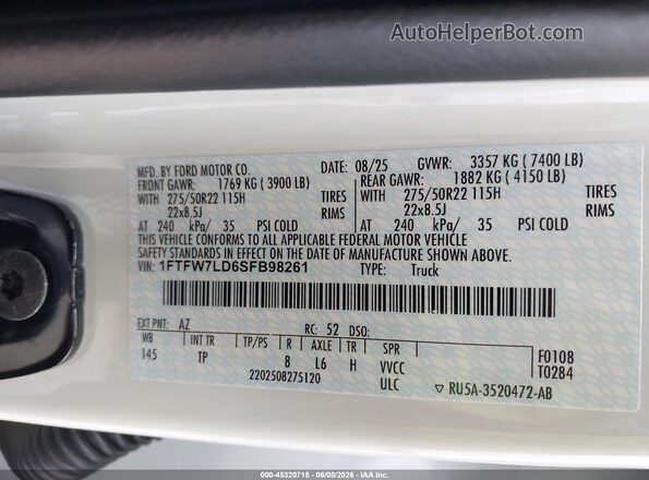 1FTFW7LD6SFB98261 2025 FORD F150 White Engine compartment view