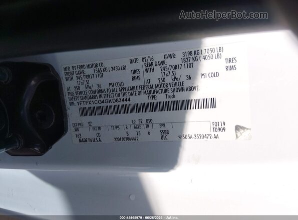 1FTFX1CG4GKD83444 2016 FORD F150 Белый Вид подкапотного пространства