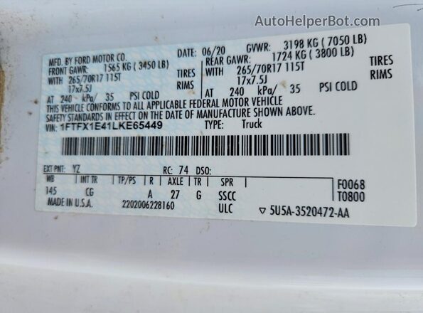 1FTFX1E41LKE65449 2020 FORD F150 White Շարժիչի բաժամունքի տեսք