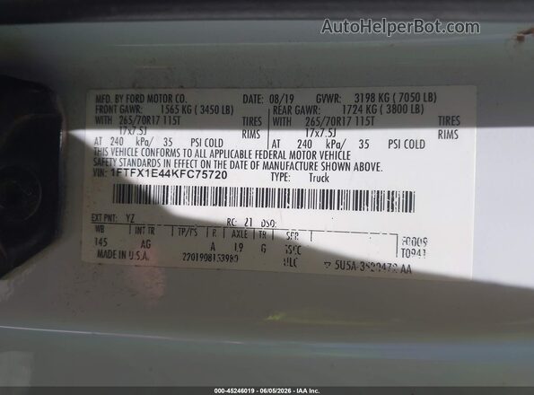 1FTFX1E44KFC75720 2019 FORD F150 White 